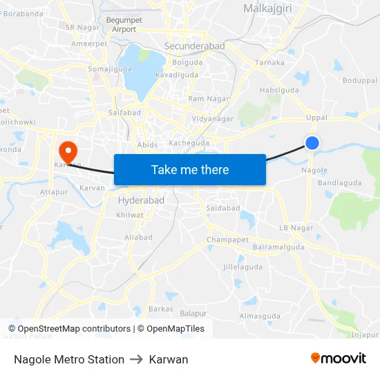 Nagole Metro Station to Karwan map