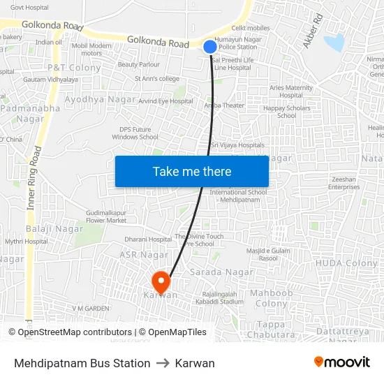 Mehdipatnam Bus Station to Karwan map