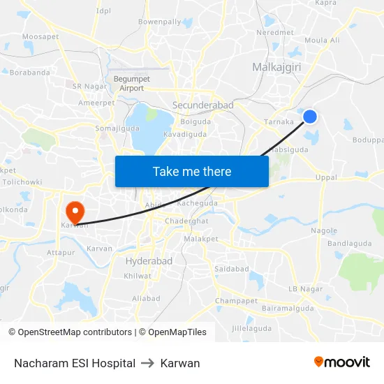Nacharam ESI Hospital to Karwan map