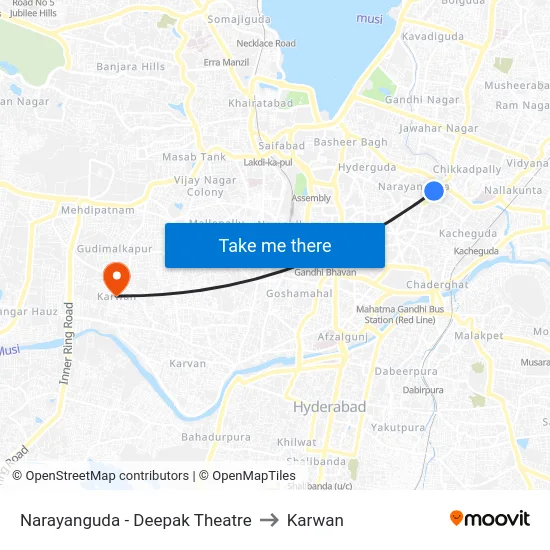 Narayanguda - Deepak Theatre to Karwan map