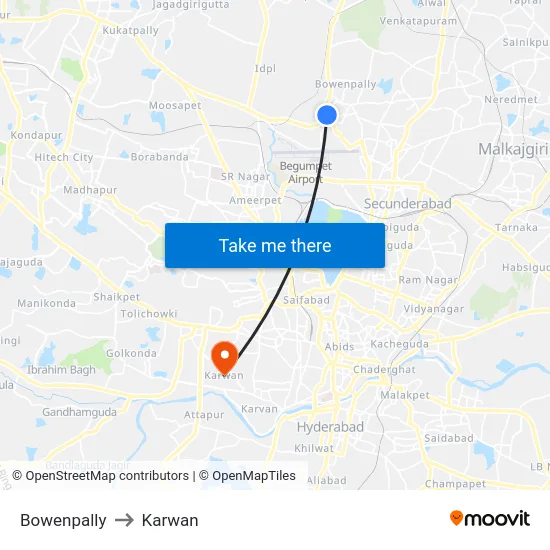 Bowenpally to Karwan map