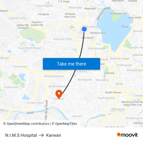 N.I.M.S Hospital to Karwan map