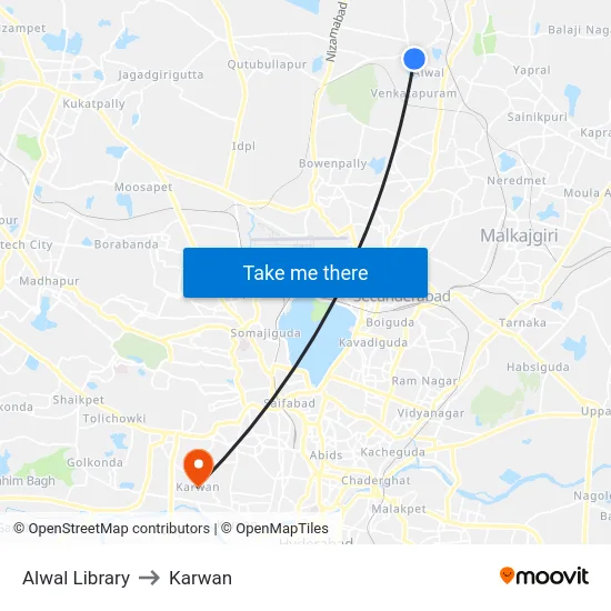 Alwal Library to Karwan map