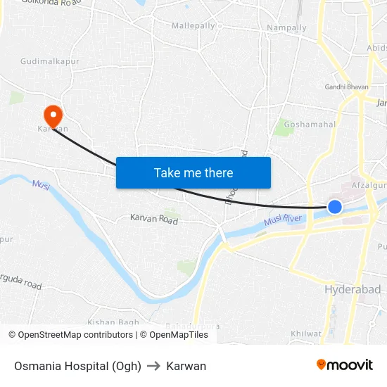 Osmania Hospital (Ogh) to Karwan map