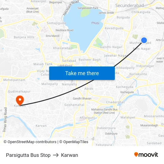 Parsigutta Bus Stop to Karwan map