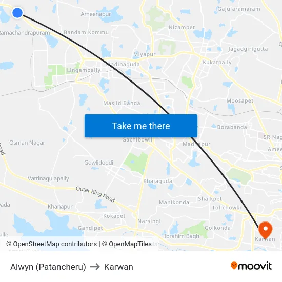 Alwyn (Patancheru) to Karwan map