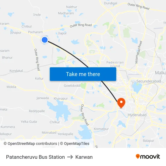 Patancheruvu Bus Station to Karwan map