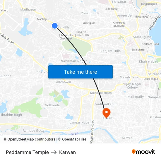 Peddamma Temple to Karwan map
