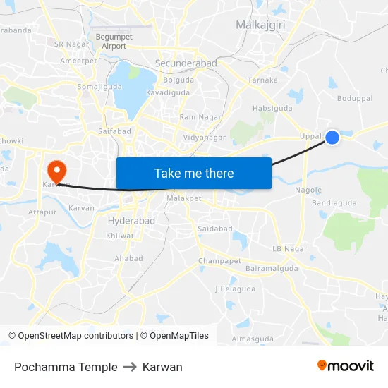 Pochamma Temple to Karwan map