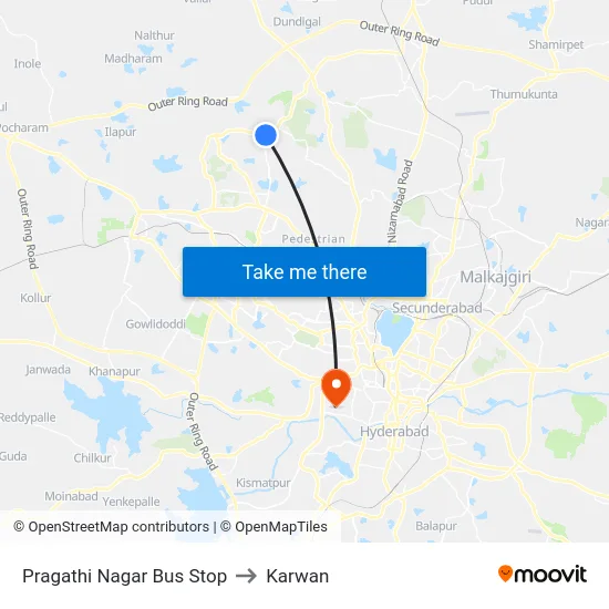 Pragathi Nagar Bus Stop to Karwan map