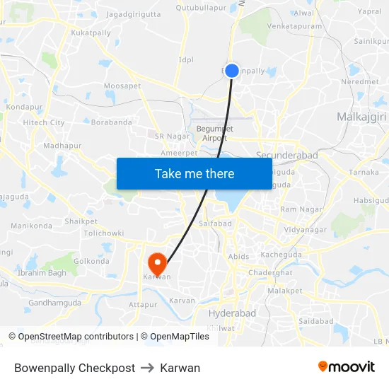 Bowenpally Checkpost to Karwan map