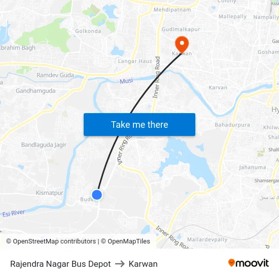 Rajendra Nagar Bus Depot to Karwan map
