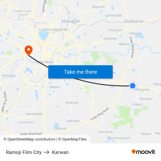 Ramoji Film City to Karwan map