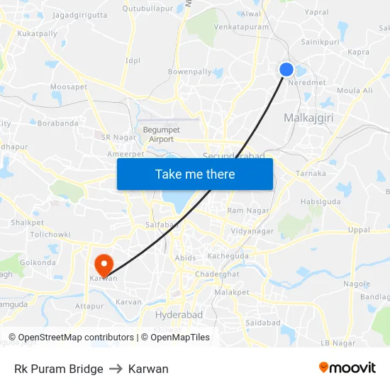 Rk Puram Bridge to Karwan map