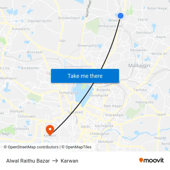 Alwal Raithu Bazar to Karwan map