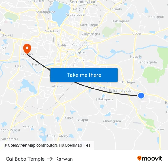 Sai Baba Temple to Karwan map