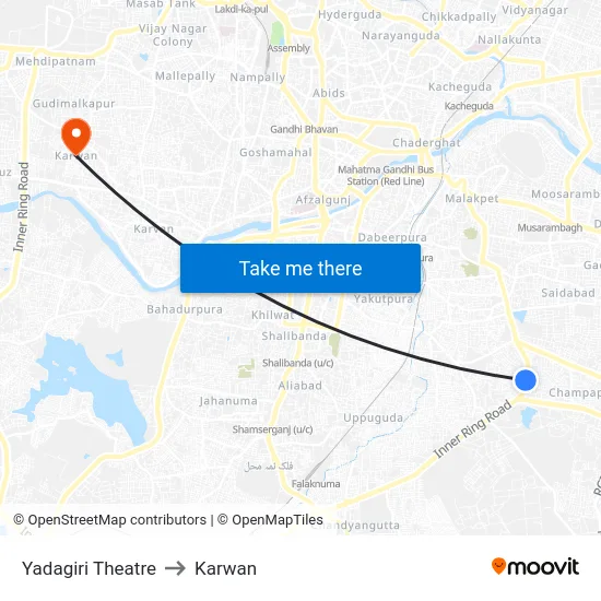Yadagiri Theatre to Karwan map