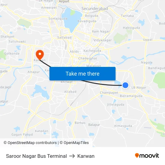 Saroor Nagar Bus Terminal to Karwan map