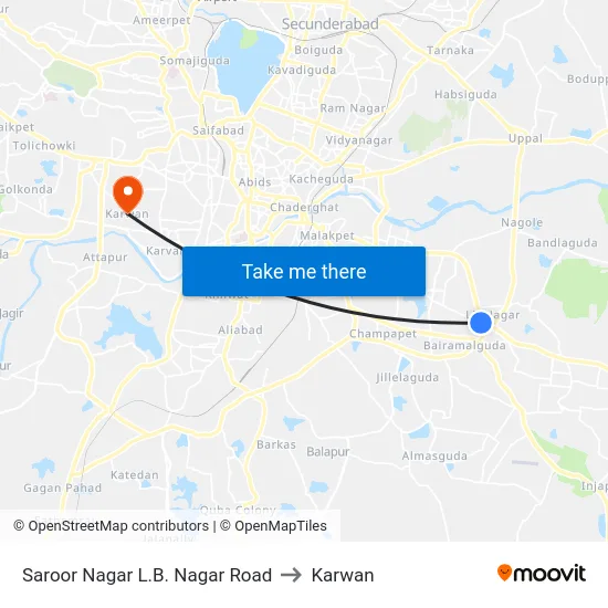 Saroor Nagar L.B. Nagar Road to Karwan map