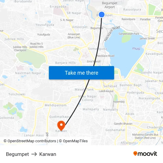 Begumpet to Karwan map