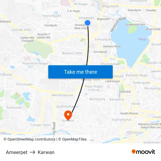 Ameerpet to Karwan map