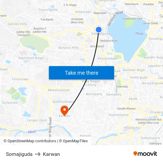 Somajiguda to Karwan map