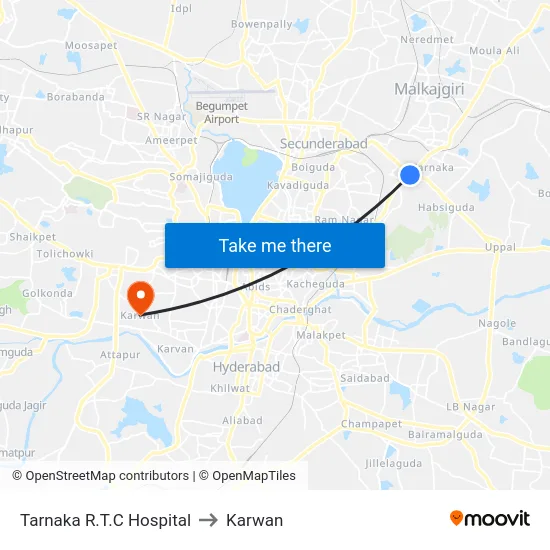 Tarnaka R.T.C Hospital to Karwan map
