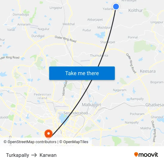Turkapally to Karwan map