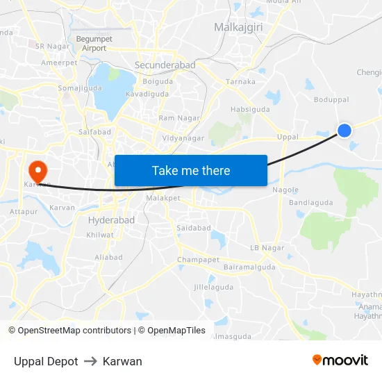 Uppal Depot to Karwan map