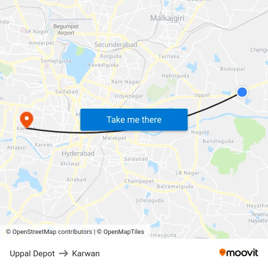 Uppal Depot to Karwan map