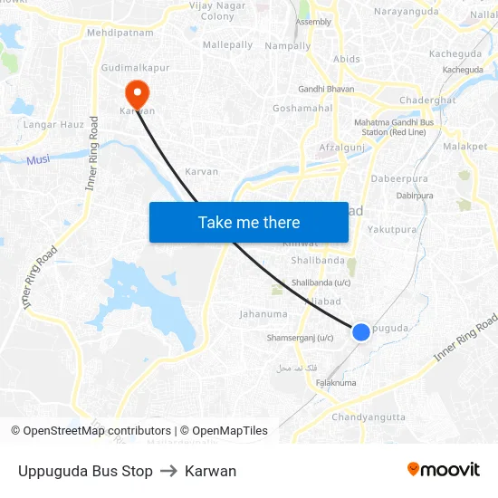 Uppuguda Bus Stop to Karwan map