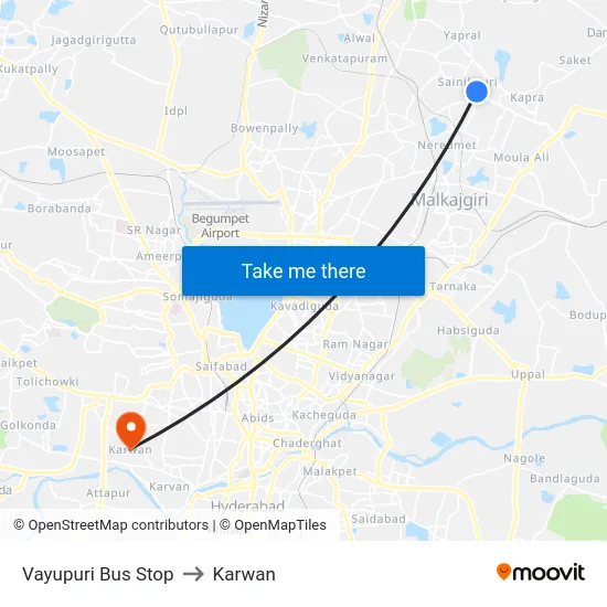 Vayupuri Bus Stop to Karwan map