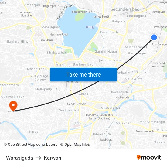 Warasiguda to Karwan map