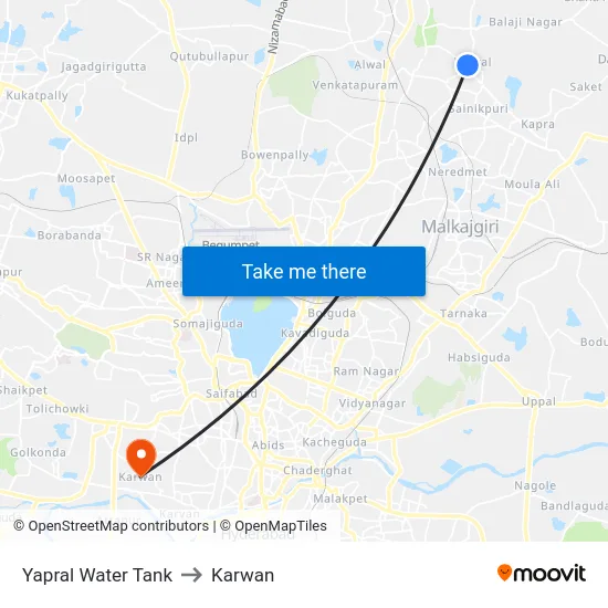 Yapral Water Tank to Karwan map