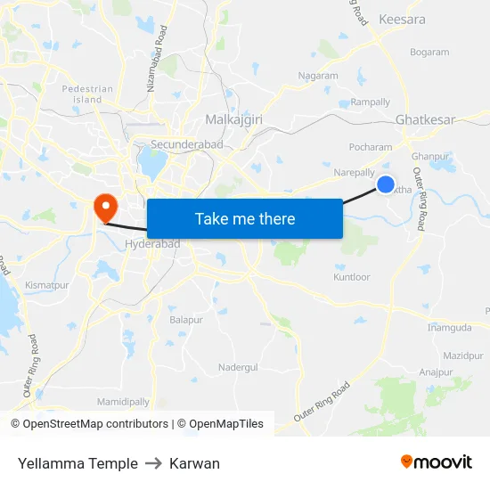 Yellamma Temple to Karwan map