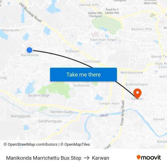 Manikonda Marrichettu Bus Stop to Karwan map