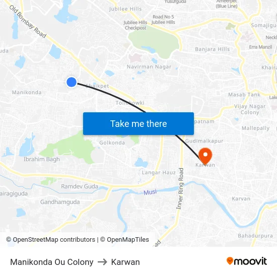 Manikonda Ou Colony to Karwan map