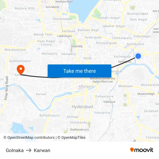 Golnaka to Karwan map