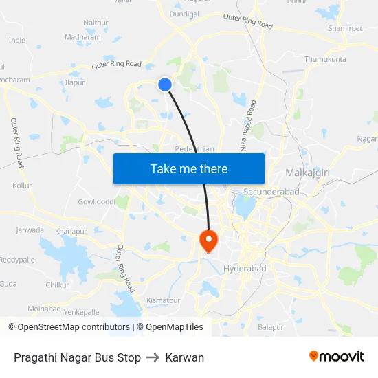 Pragathi Nagar Bus Stop to Karwan map