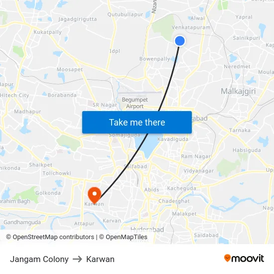 Jangam Colony to Karwan map