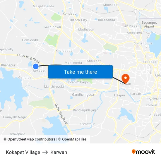 Kokapet Village to Karwan map