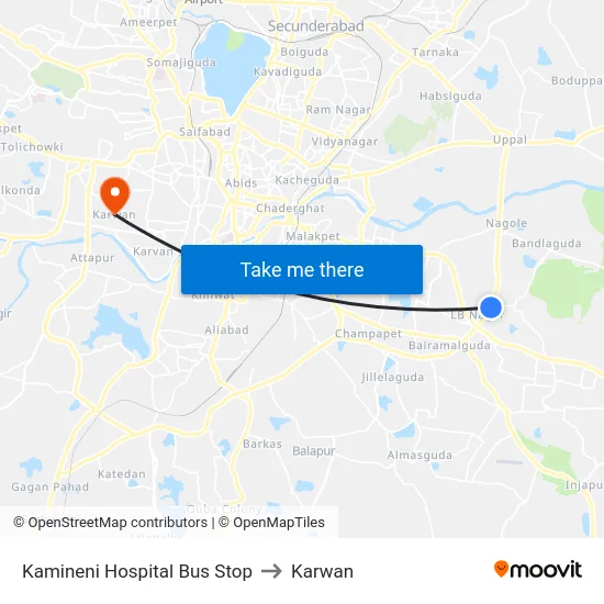 Kamineni Hospital Bus Stop to Karwan map