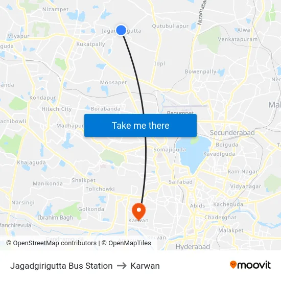 Jagadgirigutta Bus Station to Karwan map