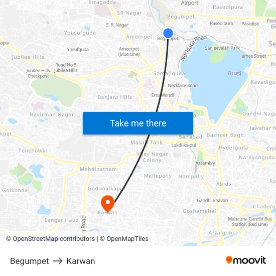 Begumpet to Karwan map