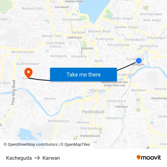 Kacheguda to Karwan map