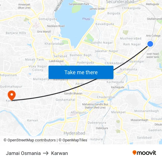 Jamai Osmania to Karwan map