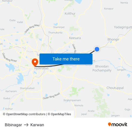 Bibinagar to Karwan map