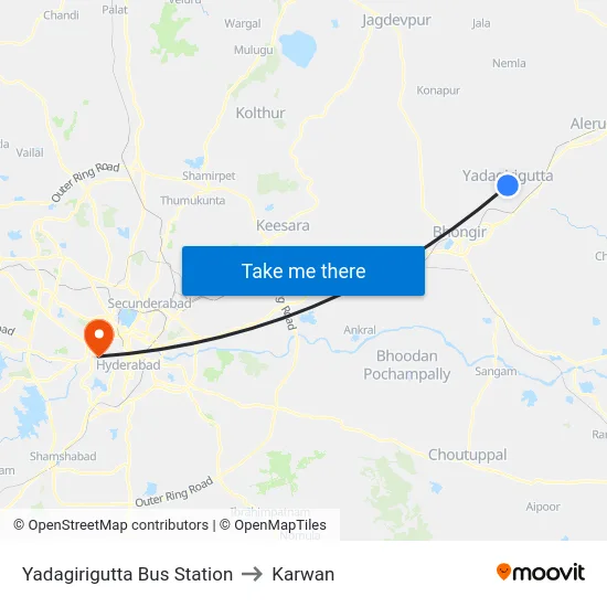 Yadagirigutta Bus Station to Karwan map