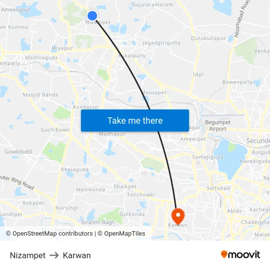 Nizampet to Karwan map