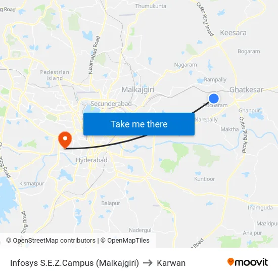 Infosys S.E.Z.Campus (Malkajgiri) to Karwan map